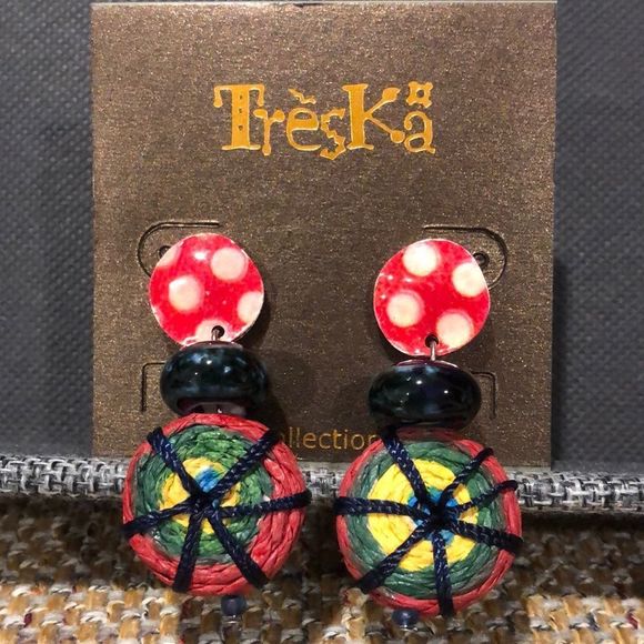 TRESKA Woven Multicolor Polka Dot Round Drop Earrings NWT - Picture 1 of 3